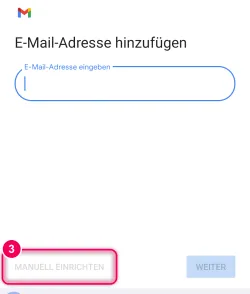 E-Mail-Adresse eingeben, „Manuell einrichten“